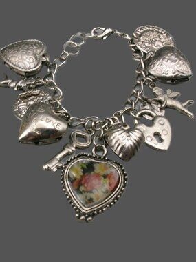 Vintage Pididdly Links Victorian Revival Charm Bracelet, Hearts, Lock Key, Cupid